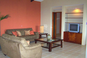 The living rooms of each house have tile floors and built-in shelves.